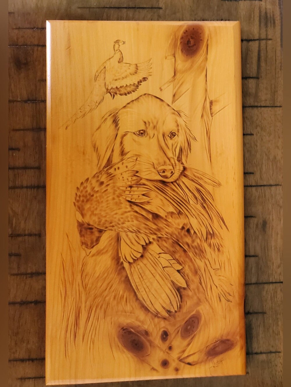 Vintage Pyrography Wood Burned Golden Retriever Hunting Dog Plaque Wall Art